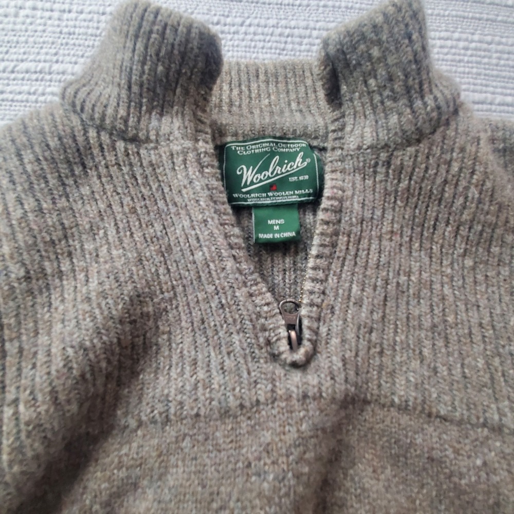 Woolrich Mens M Quarter Zip Ribbed Knit Sweater Heather Brown Mock Neck Pullover